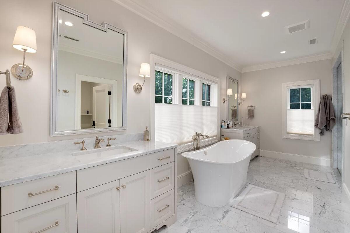 Stylish Freestanding Tub in a Classic White Bathroom