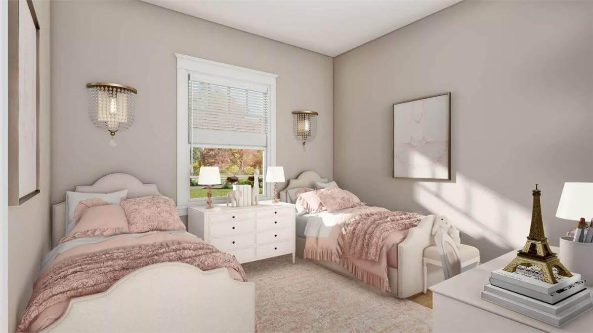 Twin Beds with Plush Pink Details and Elegant Crystal Sconces
