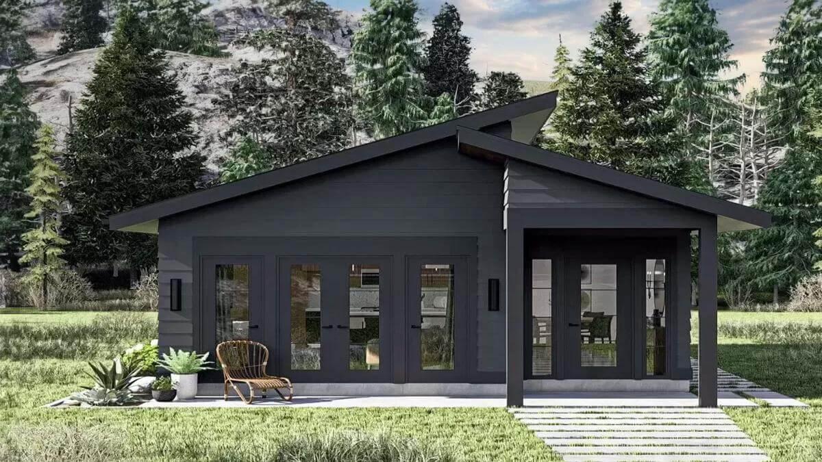 Contemporary Woodland Cabin with an Angular Roofline