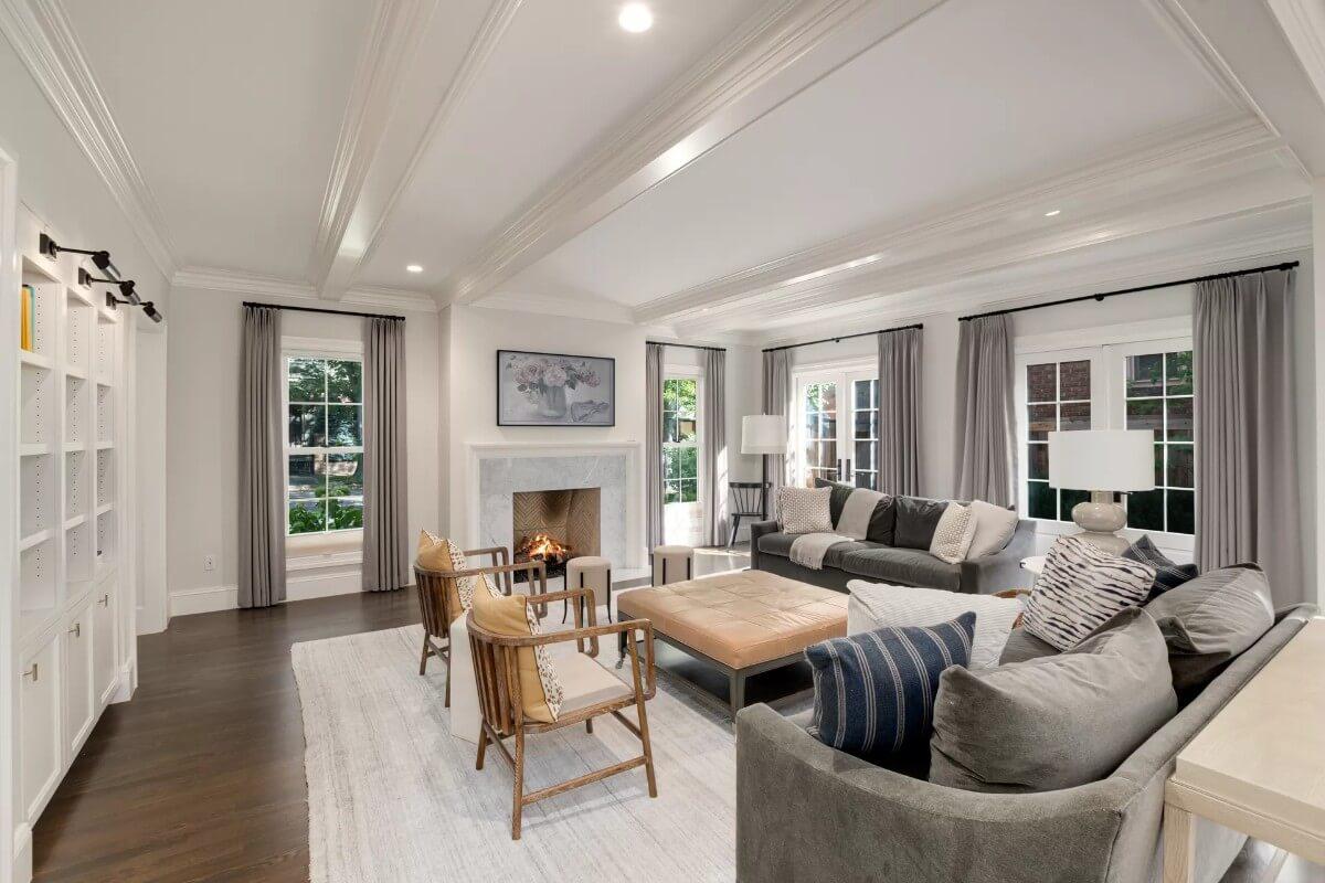 Admire the Coffered Ceiling in This Spacious Living Room