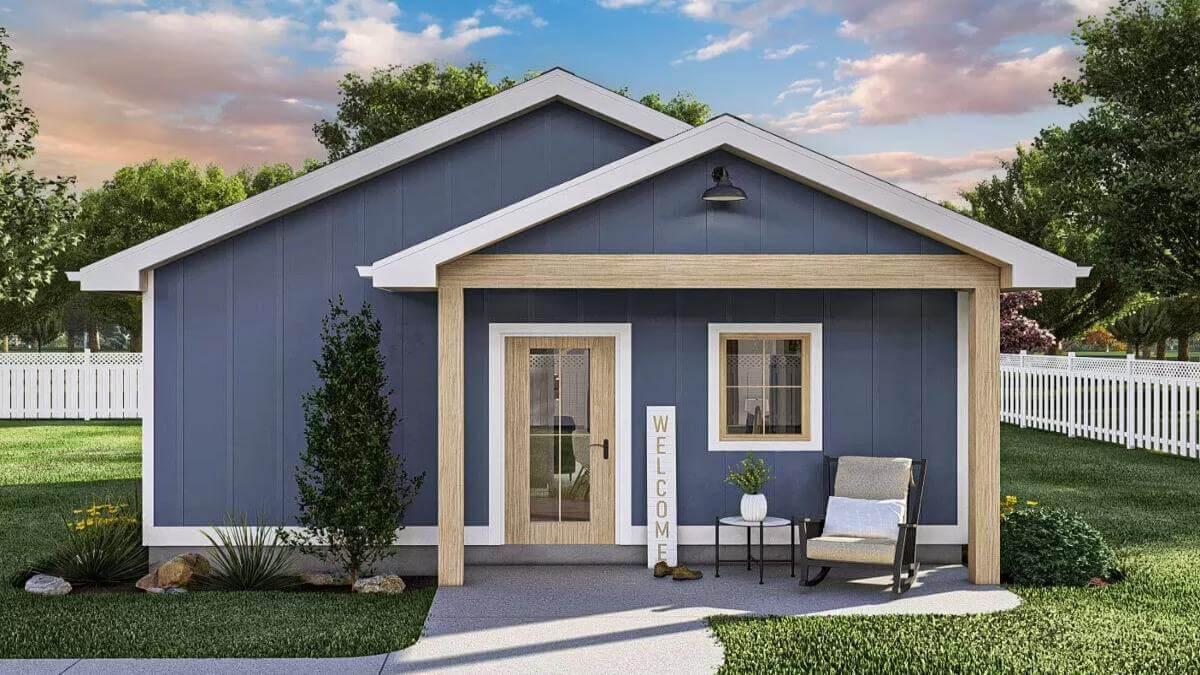 Charming Cottage with a Welcoming Porch and Blue Facade