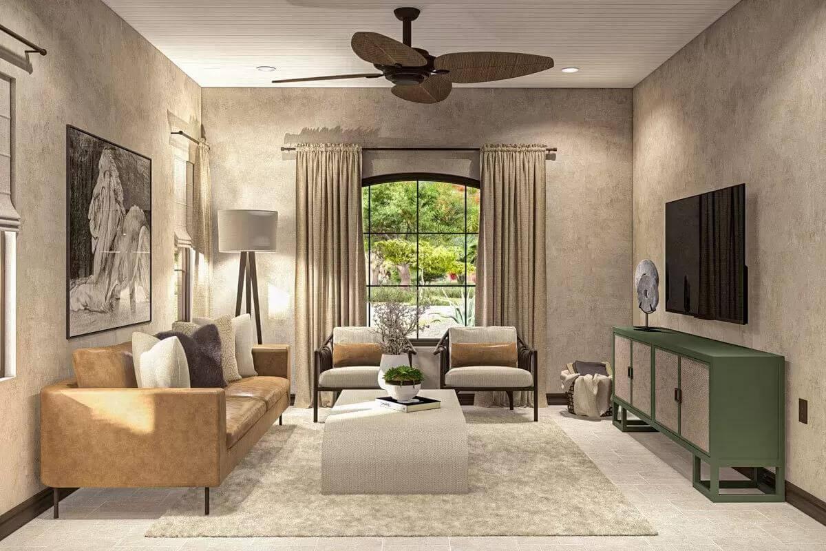 Casual Living Room Highlighting a Statement Ceiling Fan