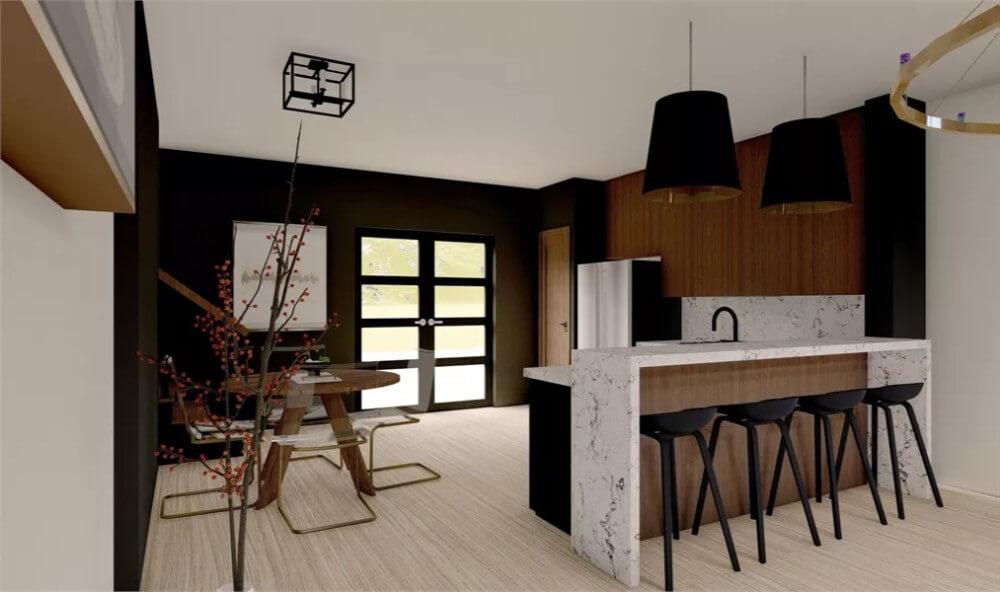 Sleek Kitchen with a Stylish Waterfall Island That Catches the Eye