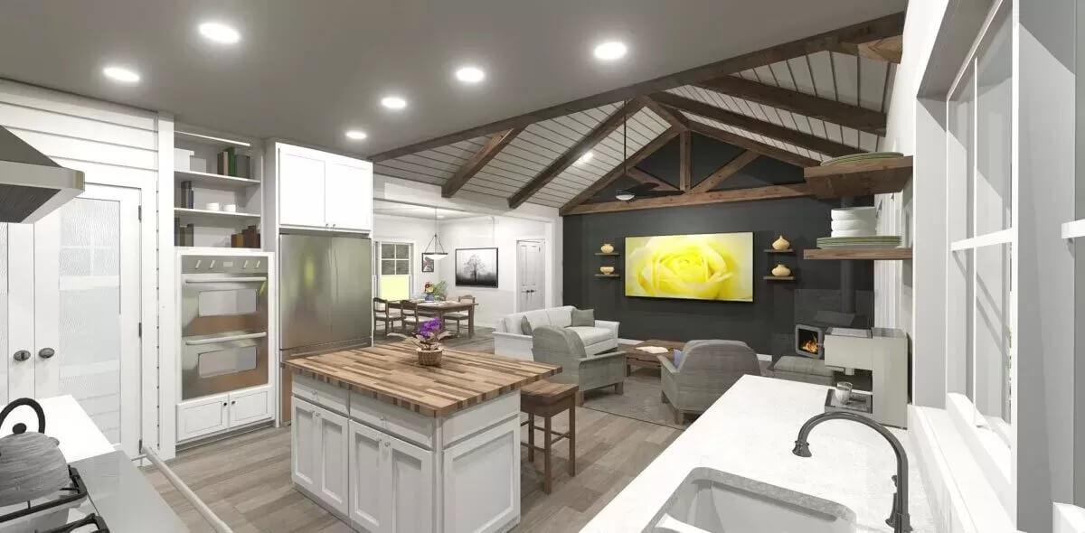 Vaulted Living Room and Kitchen with Striking Wooden Beams