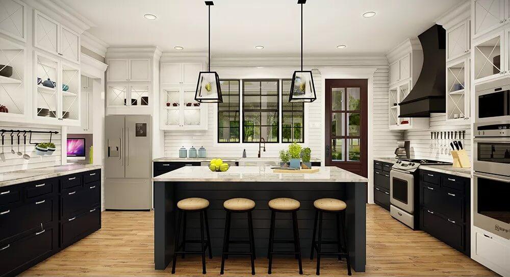 Modern Farmhouse Kitchen with Striking Black Hood and Island Seating