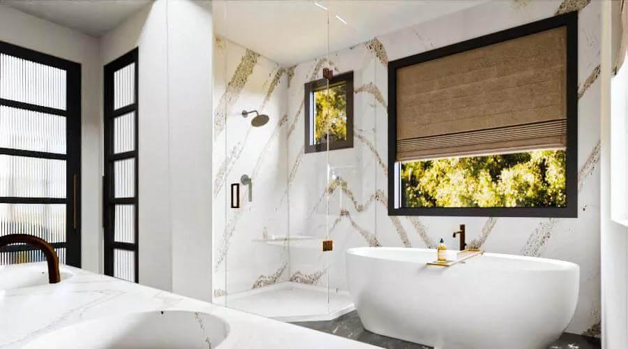 Wow, Notice the Expansive Window in This Modern Bathroom Retreat