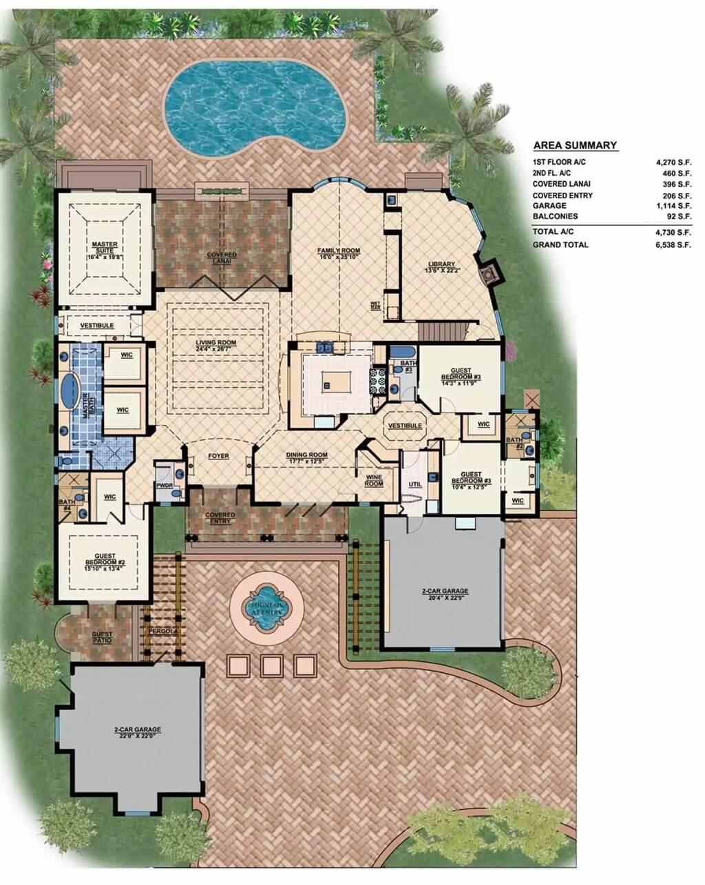 Expansive Floor Plan with a Charming Courtyard Fountain