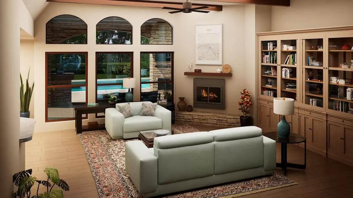 Check Out the Built-In Bookshelves and Stone Fireplace