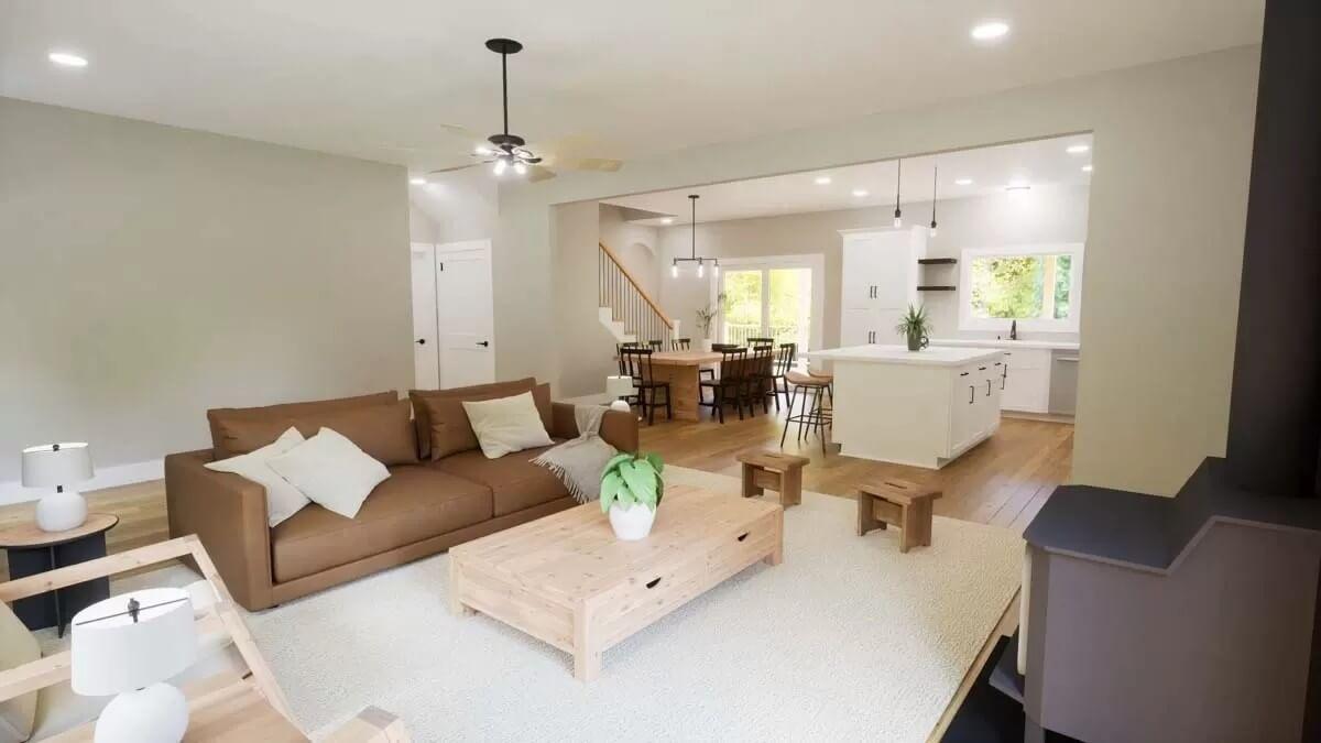 Spot the Natural Tones in This Open Living and Kitchen Space