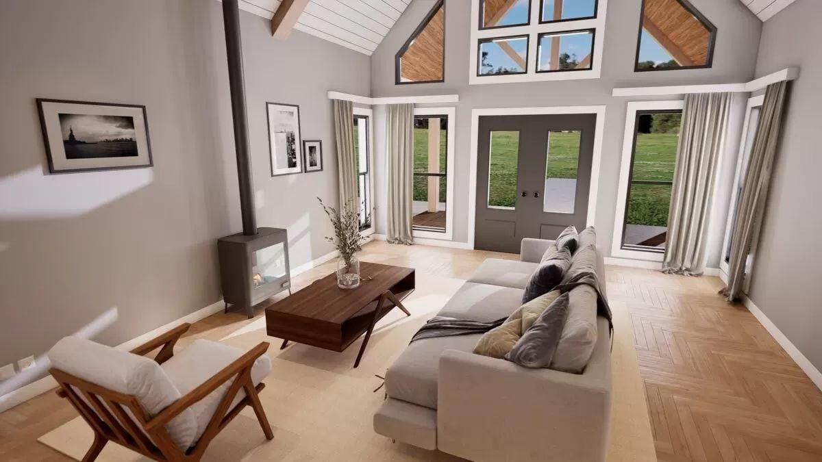 Look at the Vaulted Ceiling and Cozy Wood Stove in This Living Room