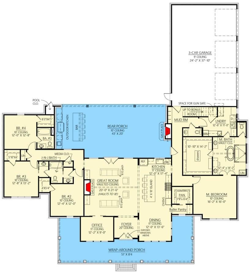 Expansive Craftsman Floor Plan with a Vaulted Great Room—Notice the Wrap-Around Porch