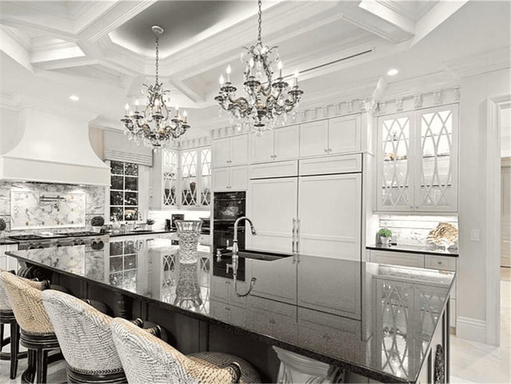 Wow, Notice Those Sparkling Chandeliers in This Elegant Kitchen