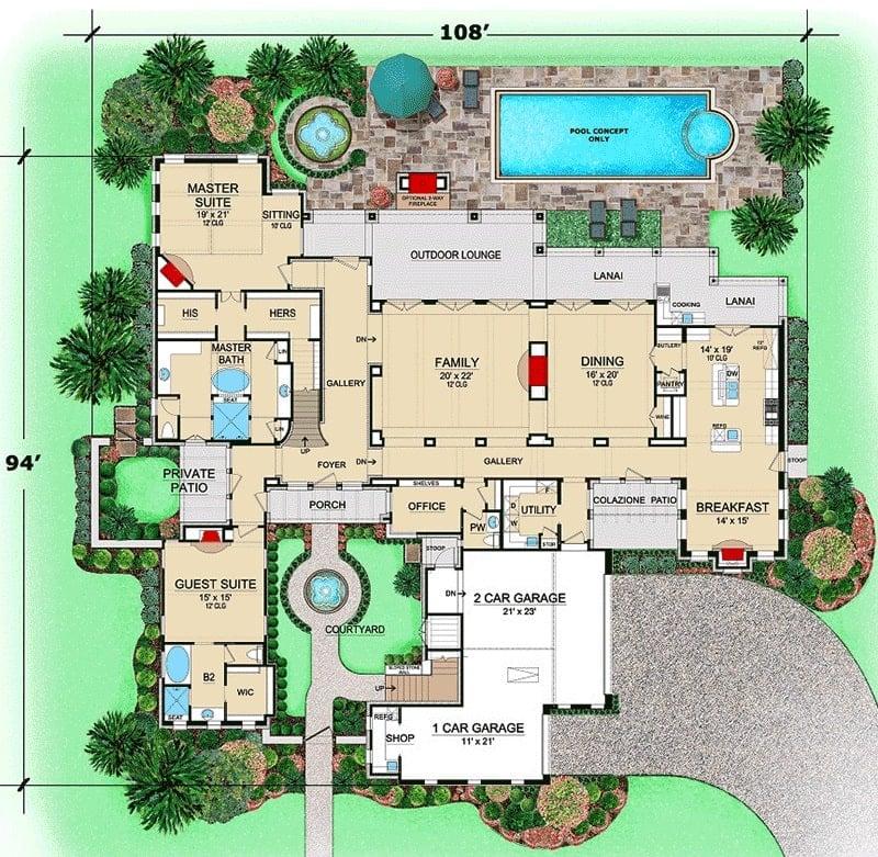 Check Out the Central Courtyard in This Expansive Home Layout