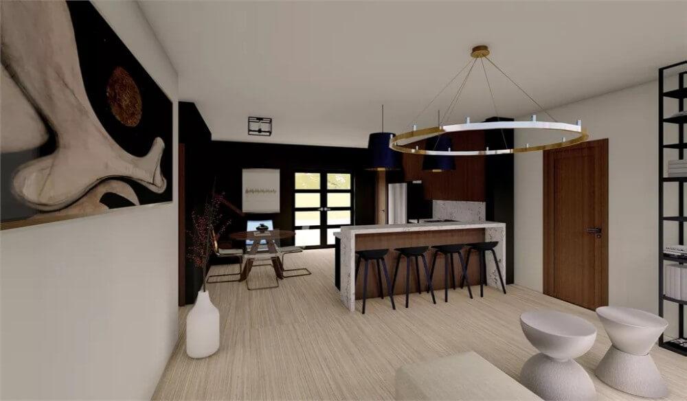Modern Open-Concept Kitchen with Striking Light Fixtures