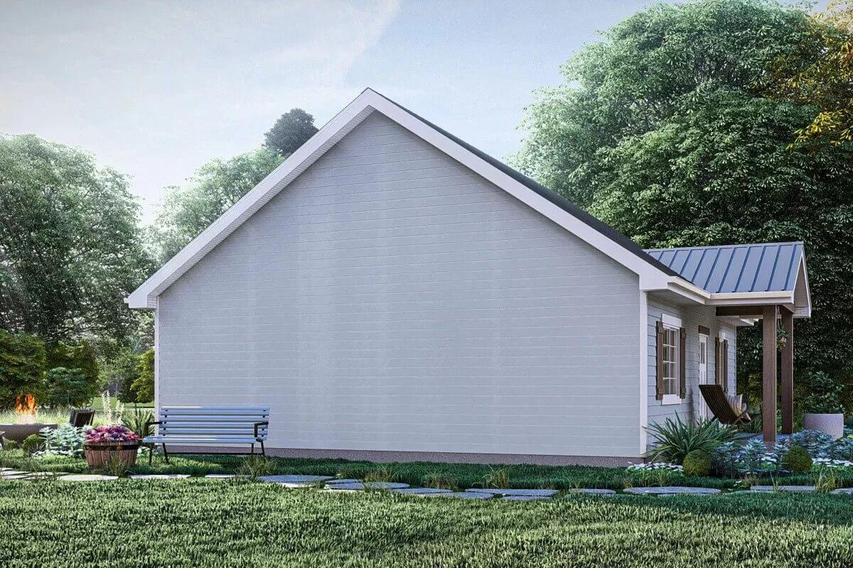 Side View of the Cottage with a Serene Garden Bench Setting
