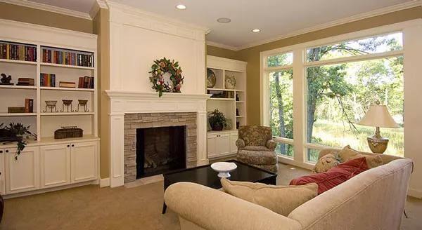 Classic Living Room with Built-In Shelves and a Scenic View