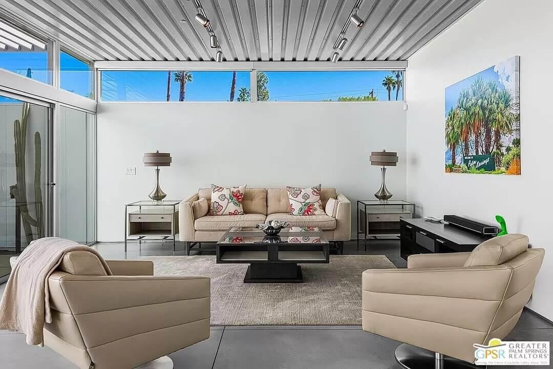 Minimalist Living Room with Striking Metal Ceiling Design