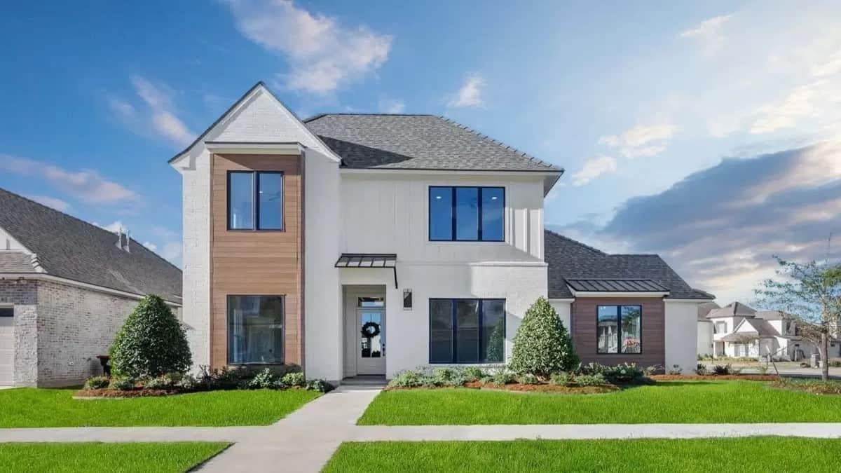 Modern Facade with Striking Wood Accents and Large Windows