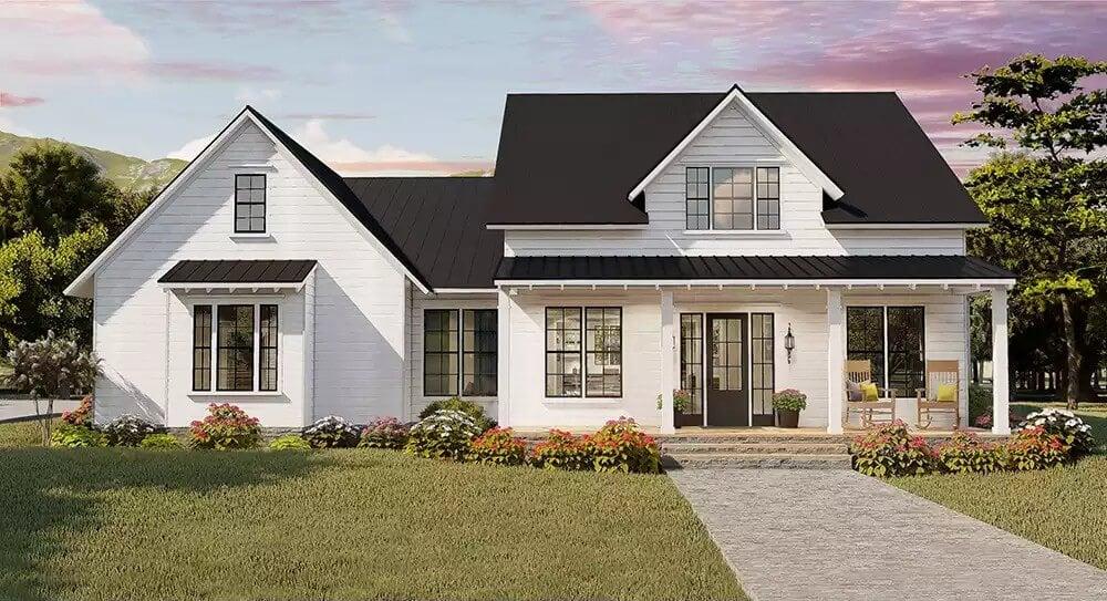 Charming Farmhouse Exterior with Inviting Porch and Gable Roof