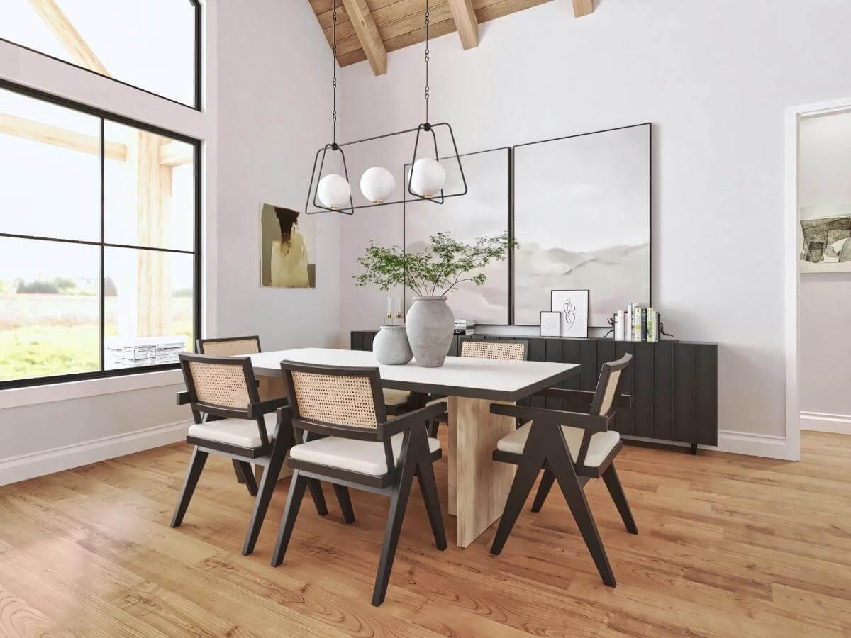 Bright Dining Space with Striking Modern Light Fixtures