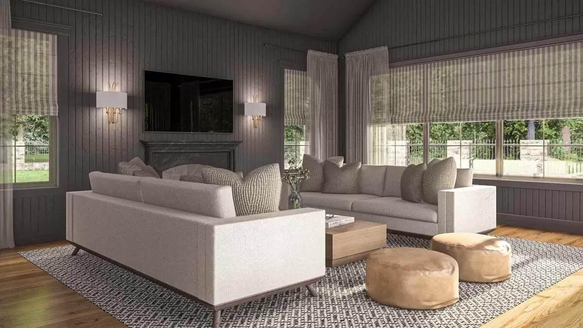 Admire the Calm Tones and Textured Walls in This Modern Living Room