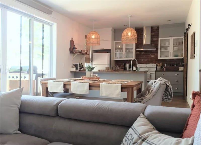 Casual Dining and Cooking Space with Rattan Pendant Lights