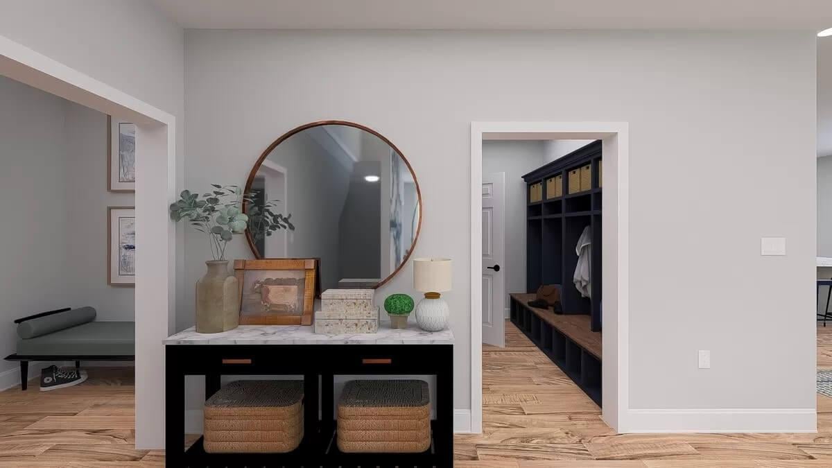 Wow, Look at This Entryway with a Circular Mirror Adding Style