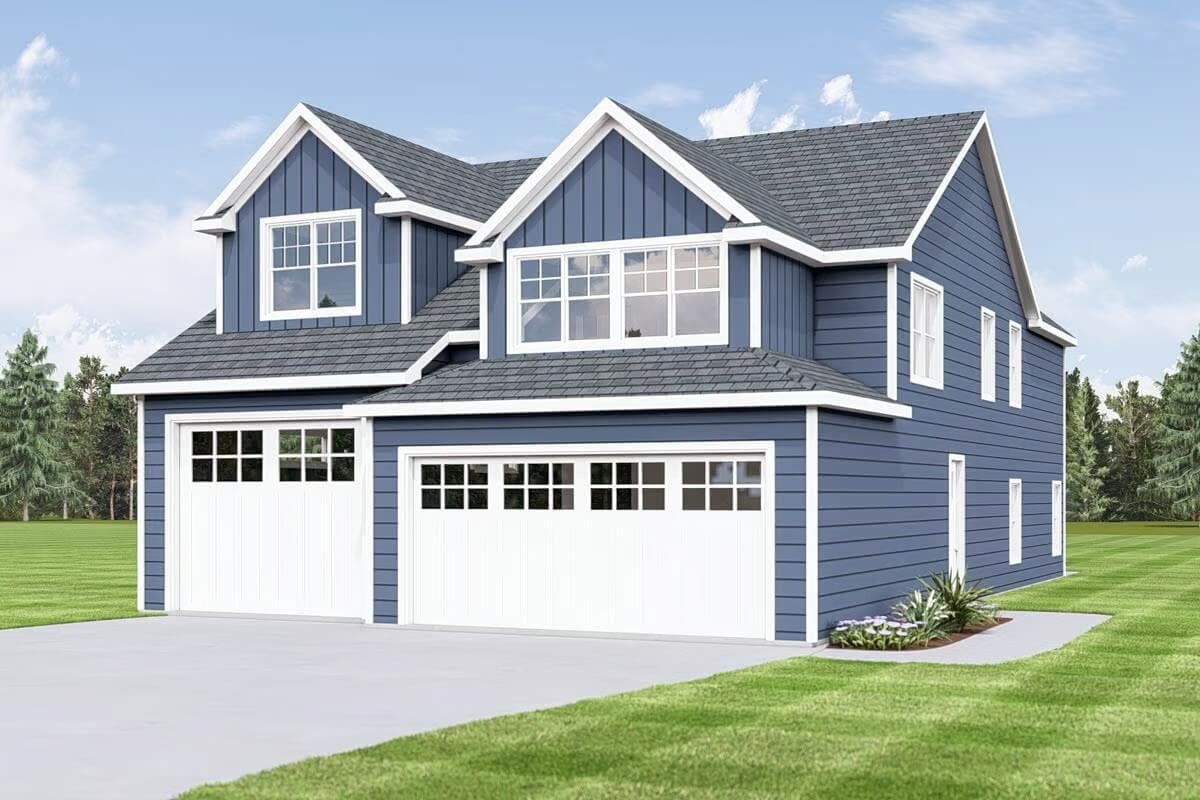Classic Blue Exterior with Dual Gables and Spacious Garage