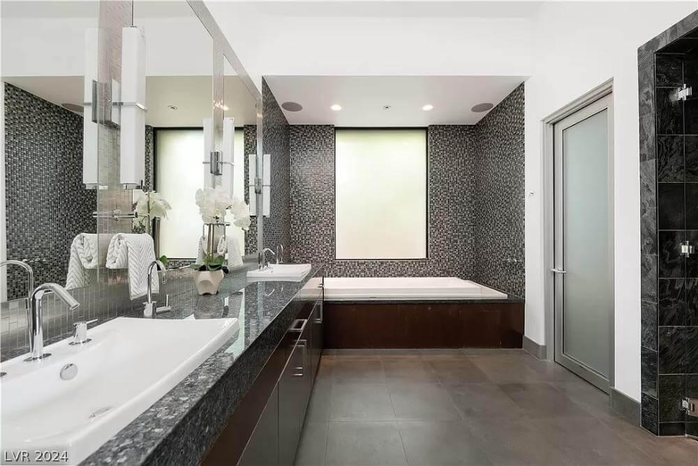 A Stylish Modern Bathroom with Glamorous Mosaic Tiles