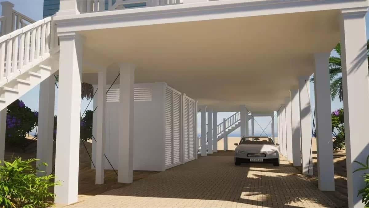 Stilted Beach House Carport with Lush Surroundings