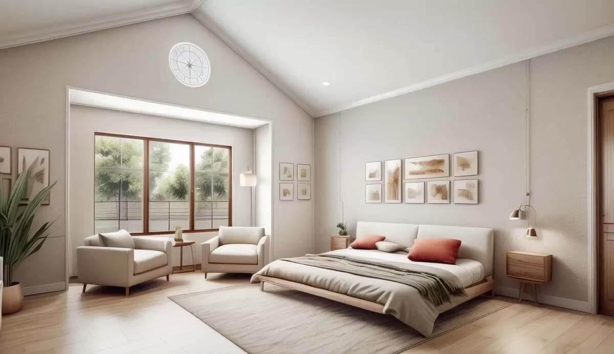 Notice the Vaulted Ceiling and Cozy Seating Nook in This Airy Bedroom
