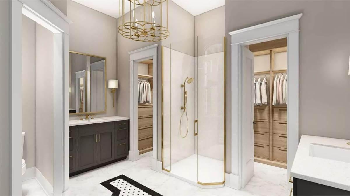 Wow, Look at That Golden Chandelier in This Elegant Bathroom