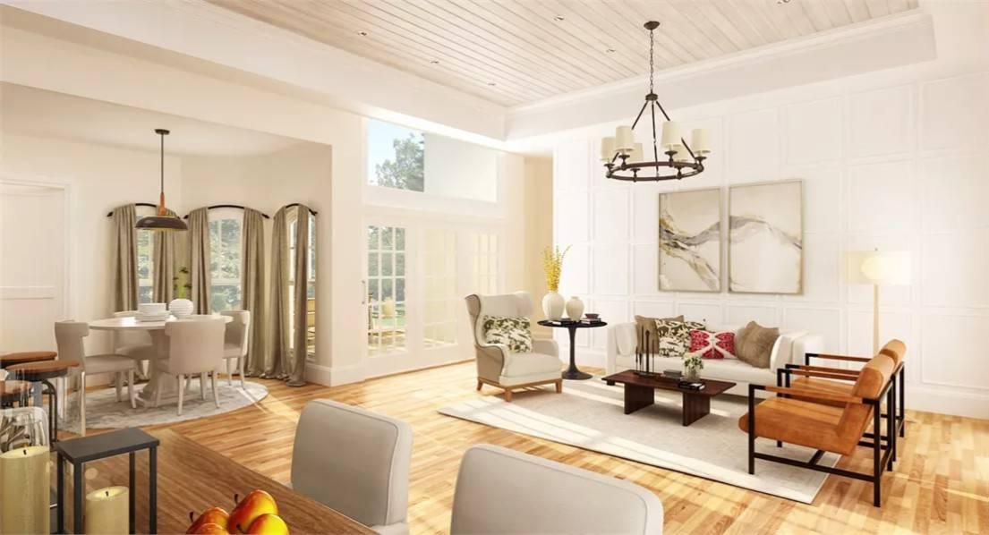 Sunlit Living Area Featuring a Coffered Ceiling and Elegant Chandelier