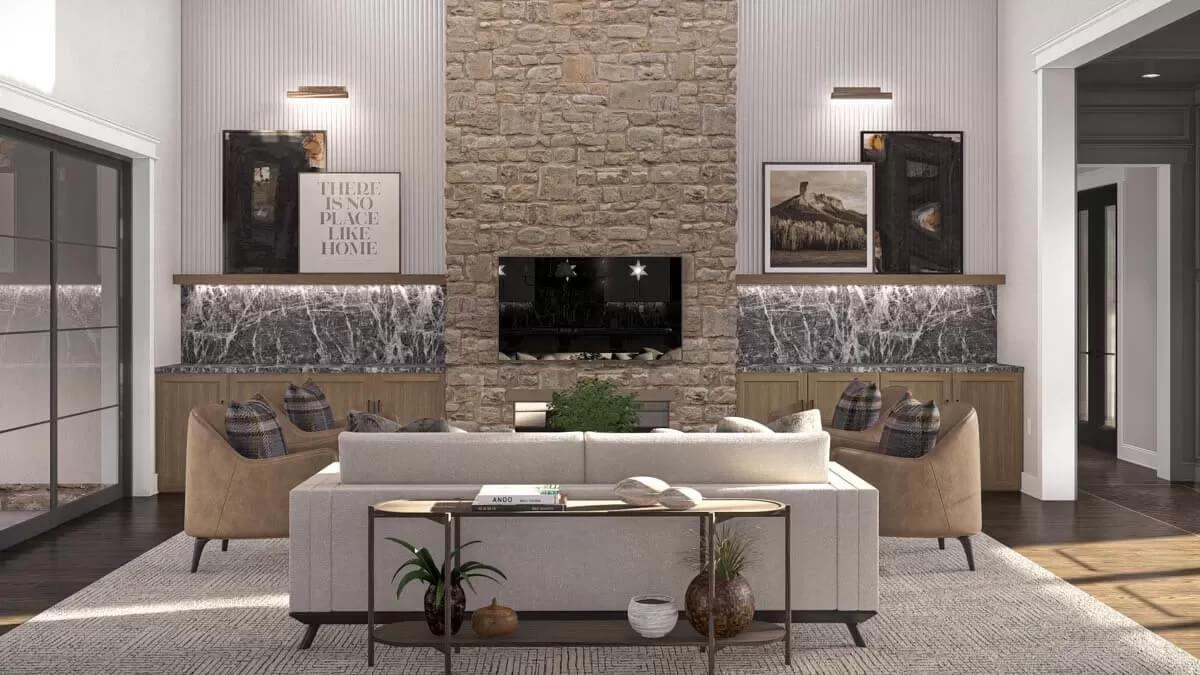 Wow, Notice the Textured Stone Fireplace as the Room