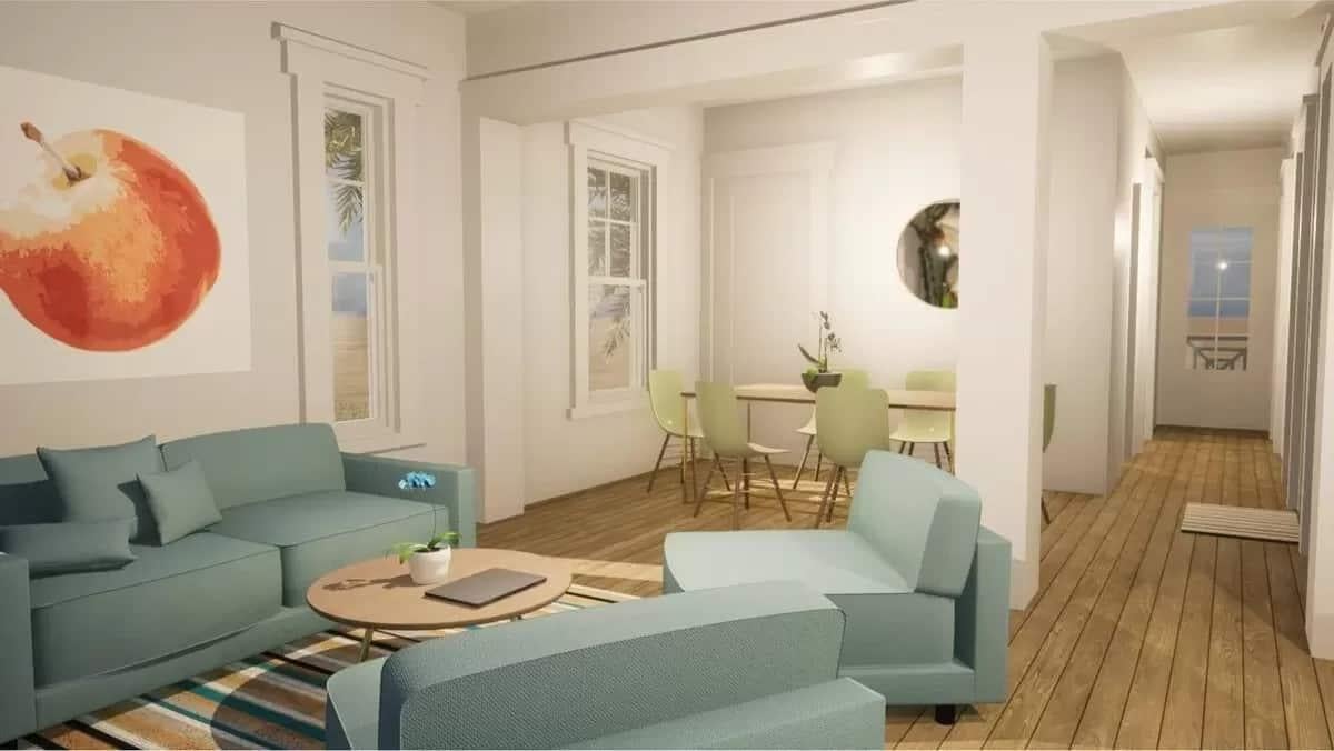 Cozy Living Area with Pastel Seating and a Playful Artwork