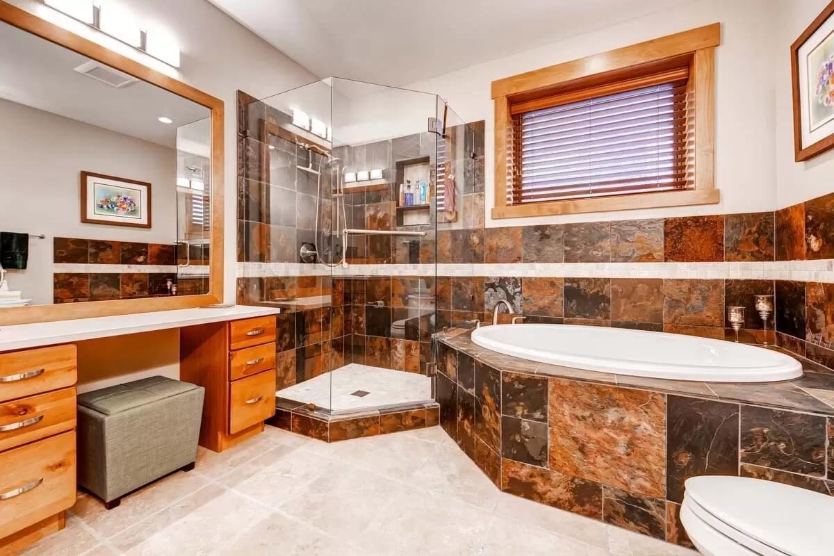 Wow, Notice the Slate Tiles and Generous Tub in This Bathroom