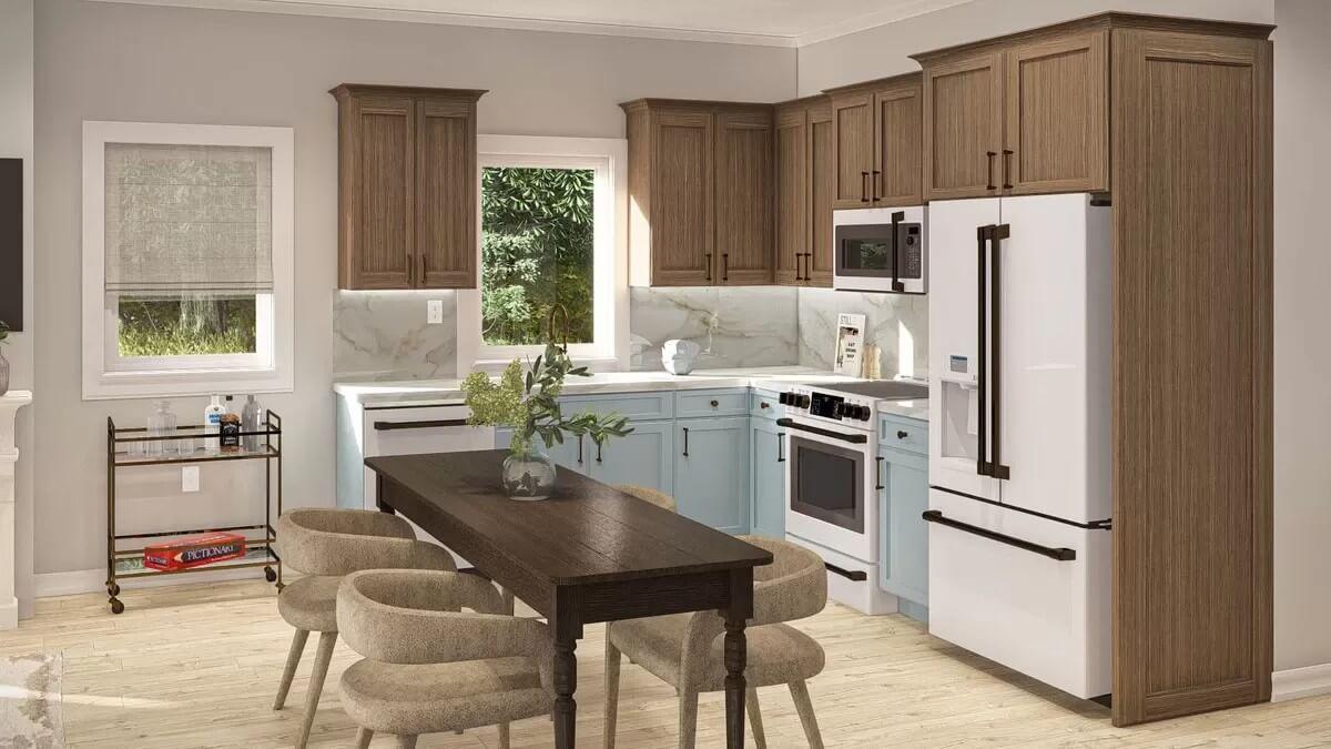 Notice the Mix of Wood and Blue in This Cozy Kitchen Nook
