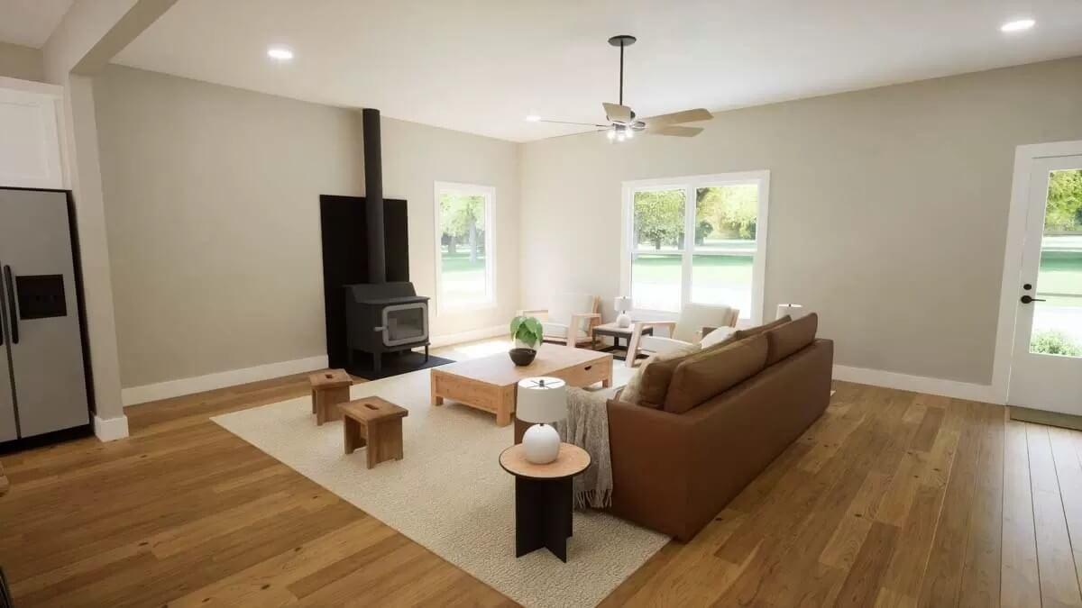 Check Out the Modern Wood Stove in This Open Living Room