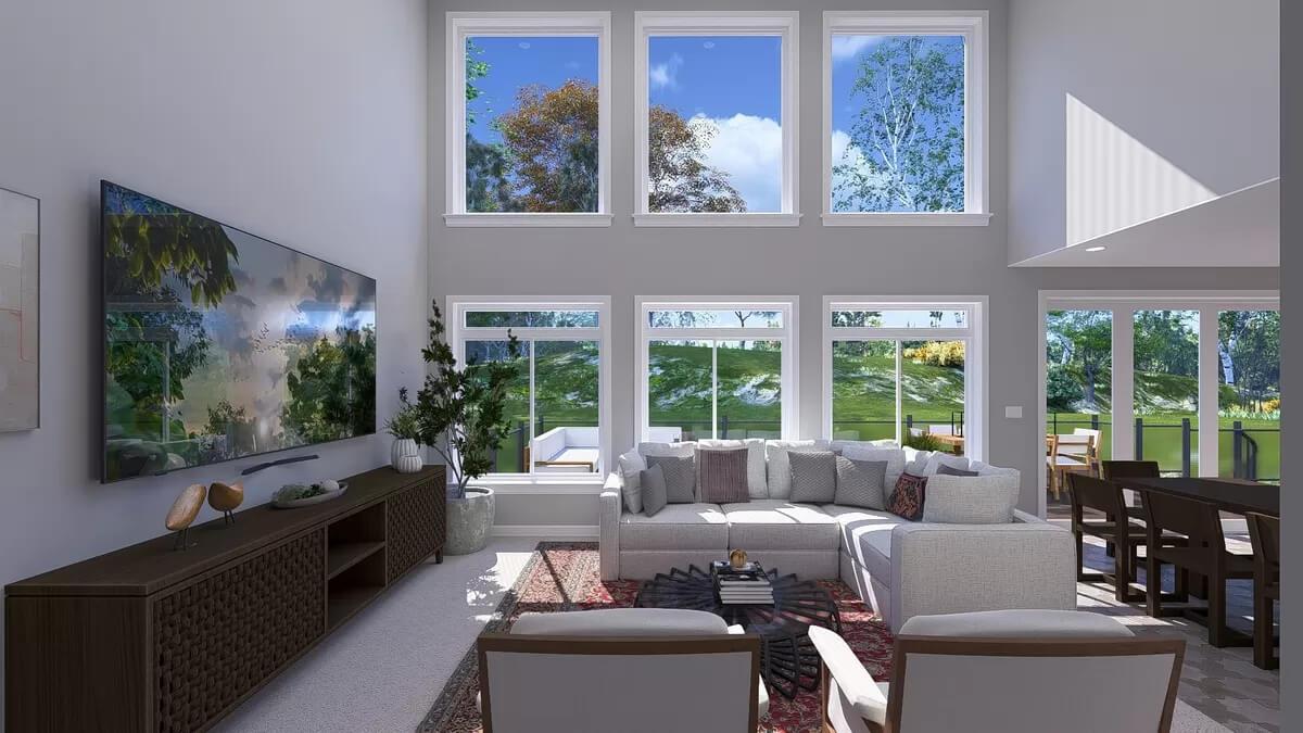 Living Room with Dramatic Floor-to-Ceiling Windows and Cozy Sectional
