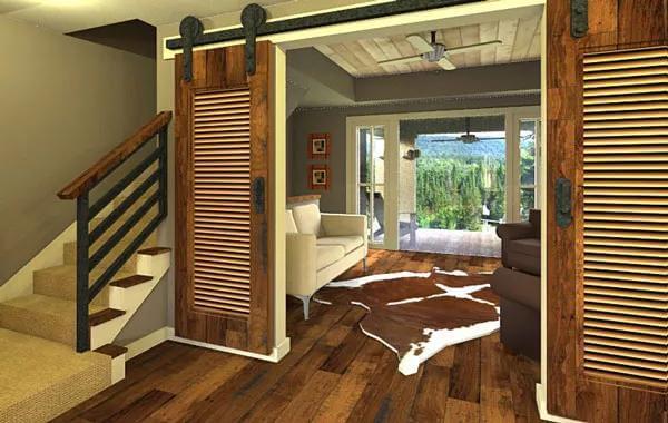 Charming Lounging Area with Rustic Barn Doors and a Scenic View