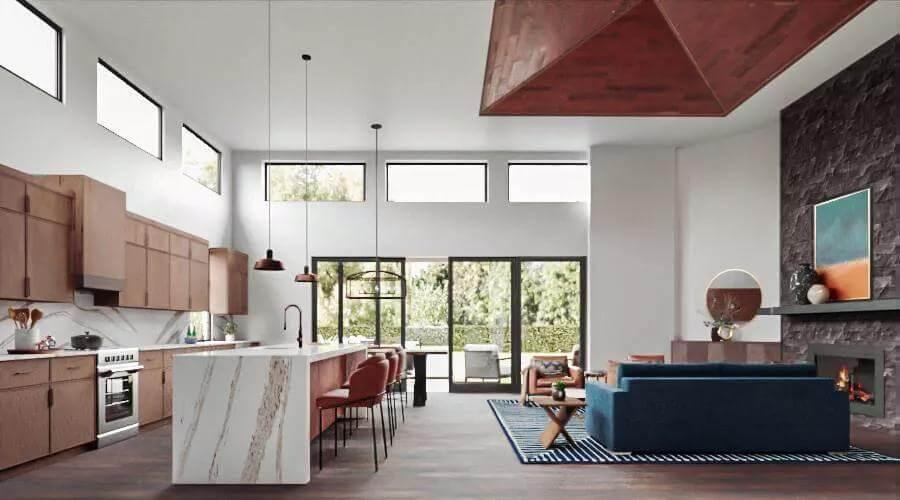 Open-Concept Living Room with Striking Clerestory Windows and Statement Fireplace