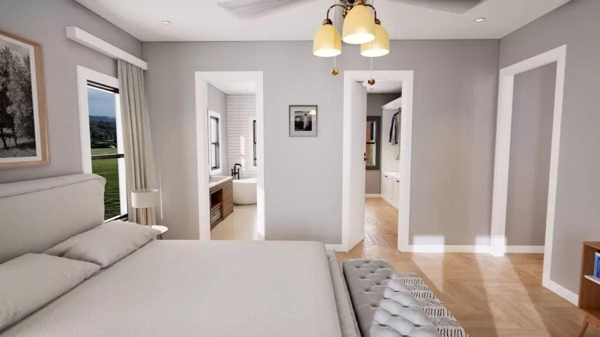 Peek Through to the Freestanding Tub in This Relaxing Bedroom Retreat
