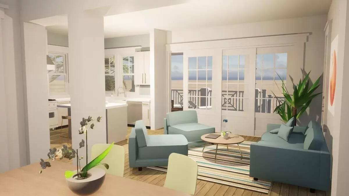 Bright Living Room with Stunning French Doors Leading to the Deck