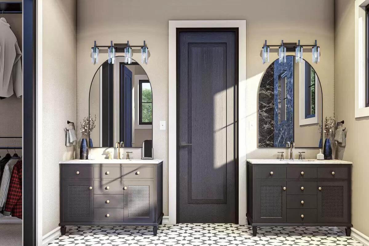 Dual Vanity Elegance: Check Out the Geometric Floor Pattern