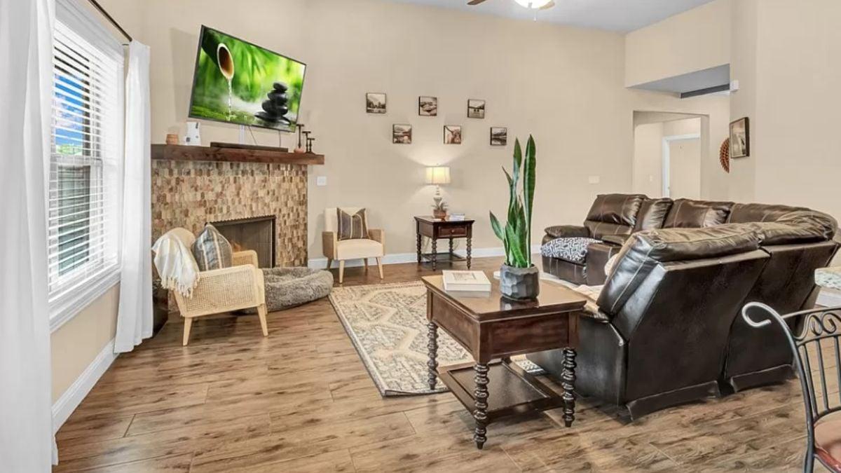 Living Room with Textured Fireplace and Inviting Layout