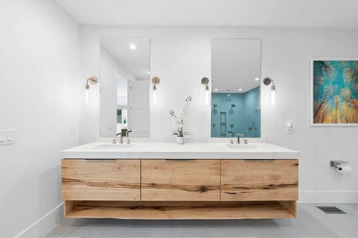 Notice the Sleek Vanity with Natural Wood Tones in This Modern Bathroom