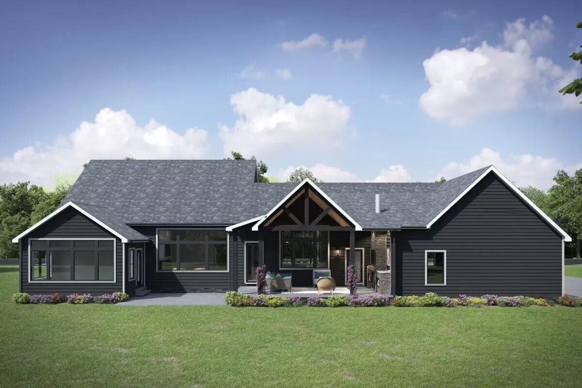 Backyard View with Striking Black Siding and Vaulted Porch