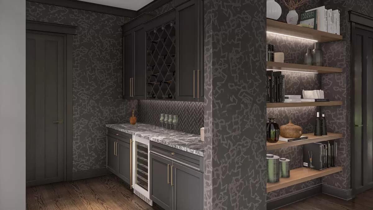 Moody Home Bar with Elegant Dark Cabinetry and Wine Storage