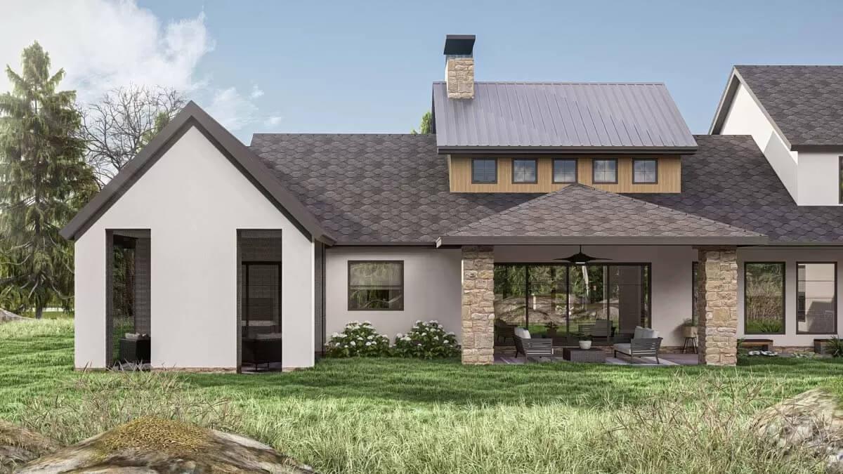 Check Out the Covered Patio with Stone Pillars and Relaxed Seating