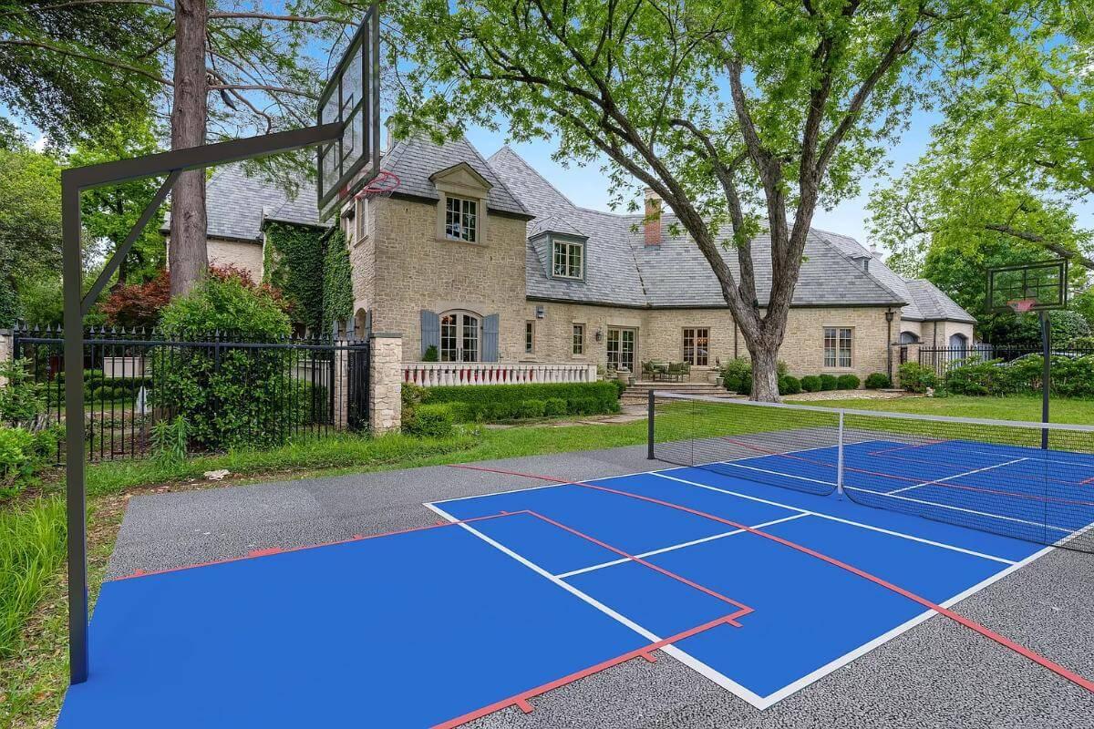 Outdoor Fun with a Vibrant Sports Court and French Chateau Backdrop